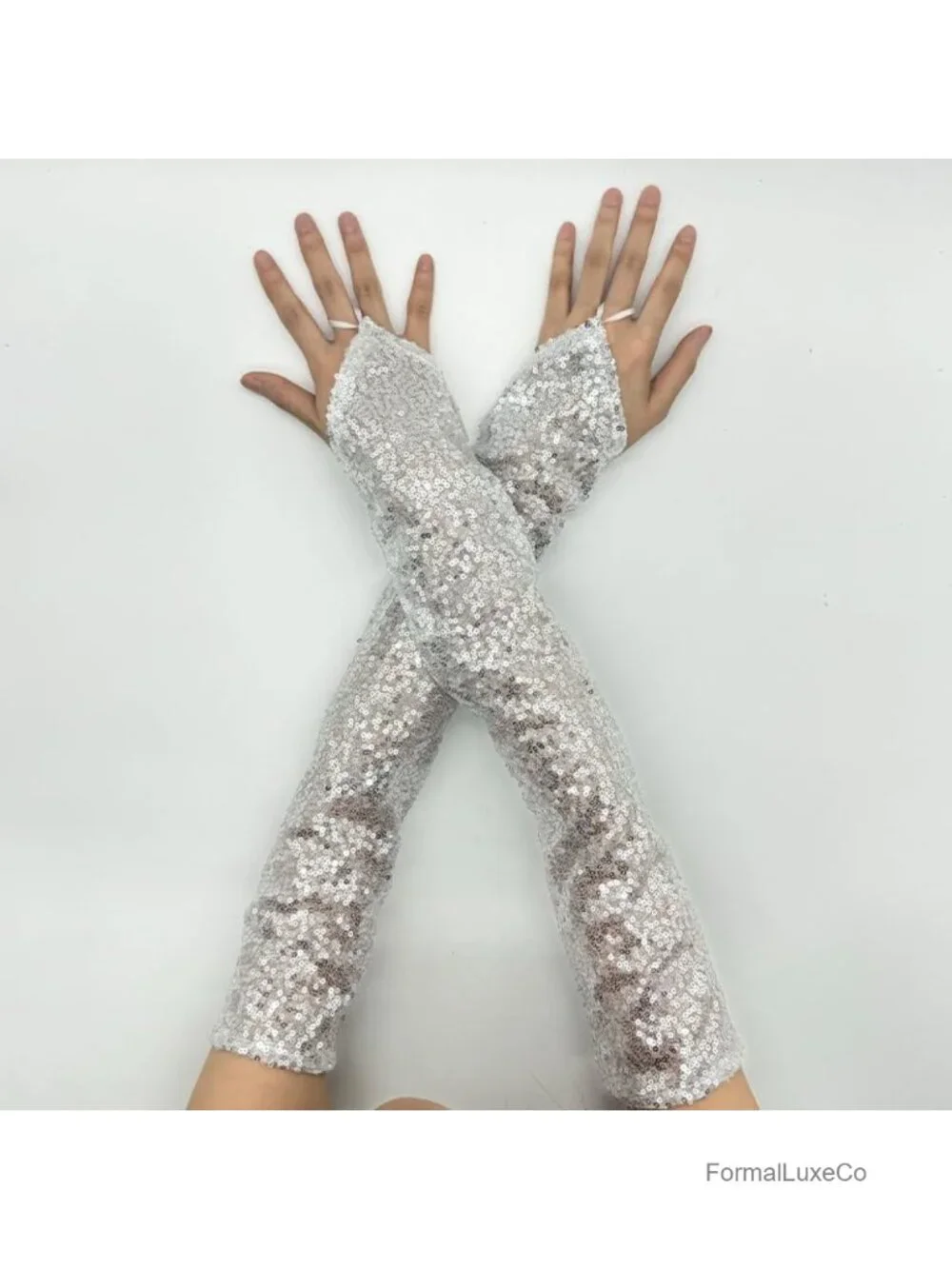 Sequins Lace Fingerless Gloves Long Elbow Length for Wedding Prom Party